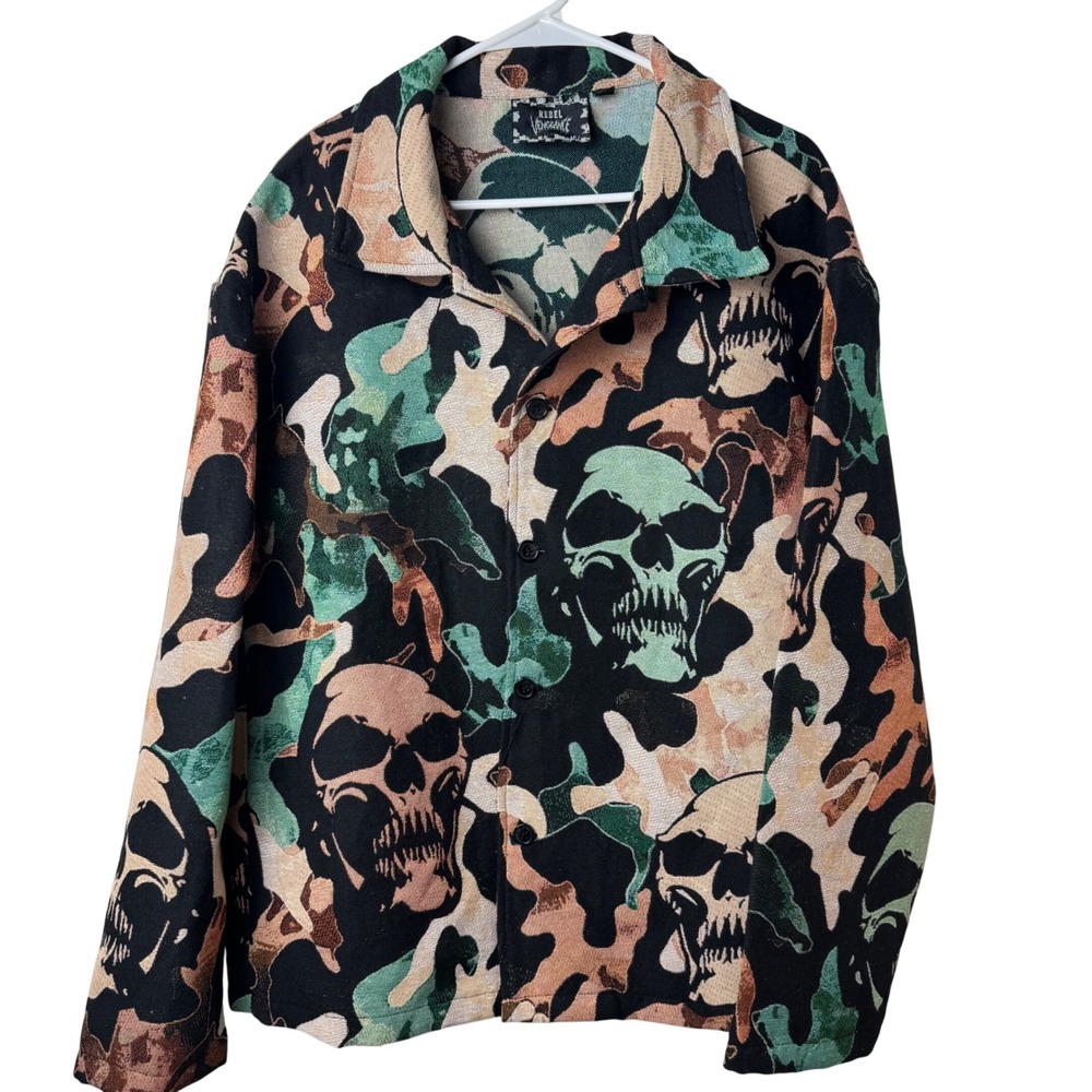 Rebel Vengeance Tapestry Jacket Men L Multi Camo Skull Woven Streetwear Graphic